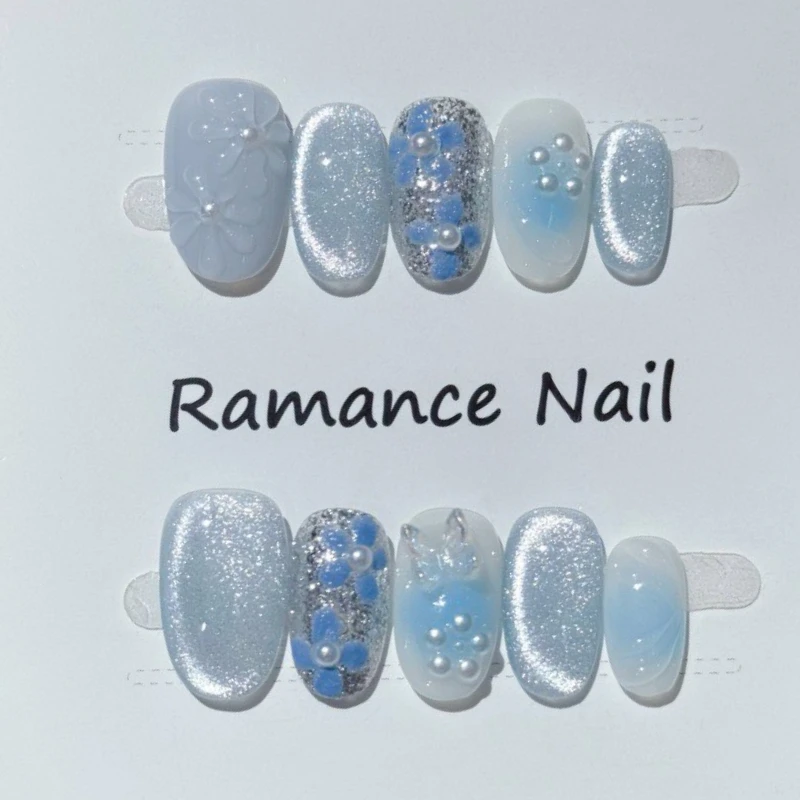 

10 шт. синих овальных накладных ногтей ручной работы с эффектом кошачьего глаза, летние накладные ногти с цветочным дизайном и жемчугом, искусственные ногти, накладные типсы, Uñas