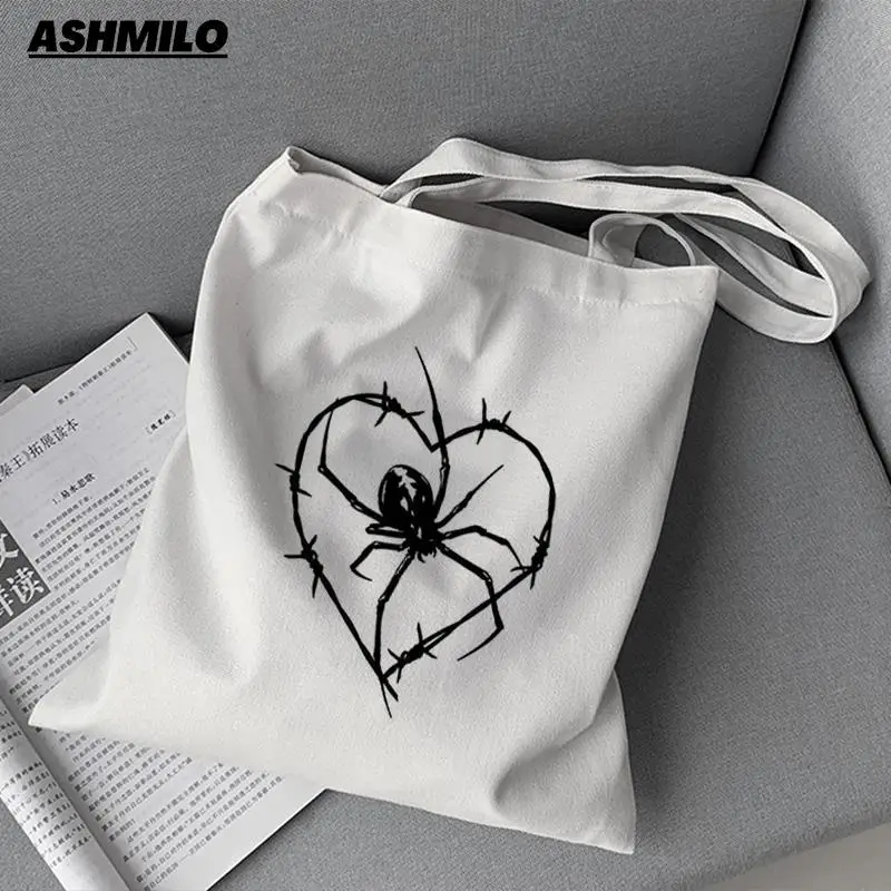 Kawaii Y2k Spider Web Canvas Tote Bag Eco Shopping Bag Shoulder Bag Women Female Foldable Shopper Bag