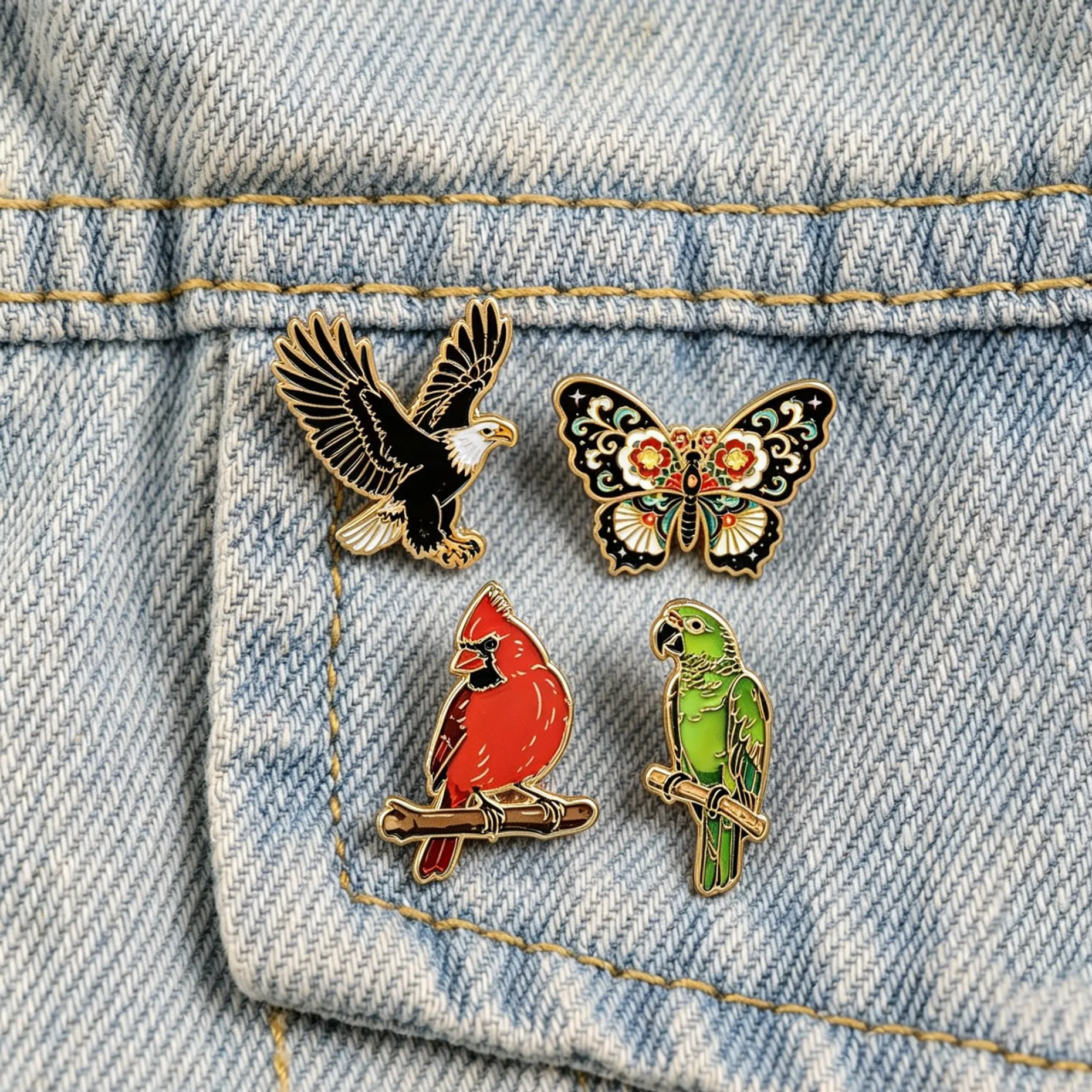 Pins de esmalte de animales salvajes: Águila calva, cardenal del norte, loro, mariposa floral. Insignias de solapa y broches de animales vintage para mochila, regalo.
