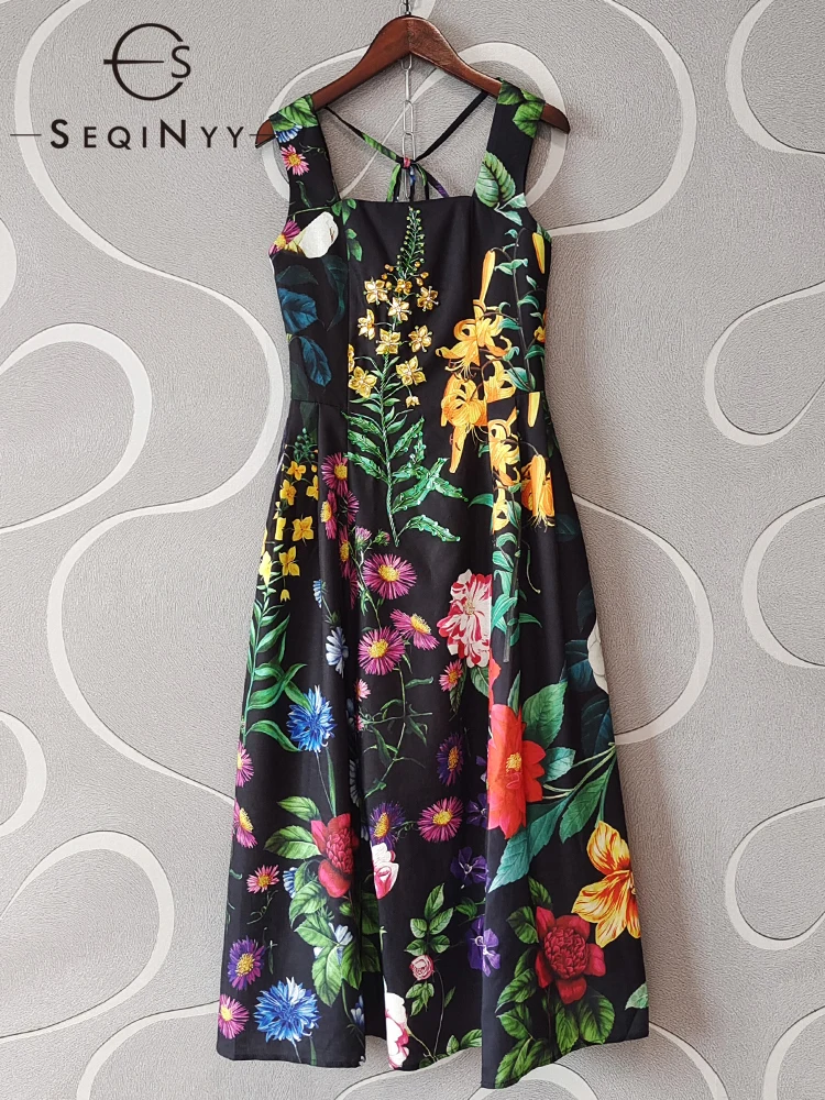 SEQINYY Black Midi Dress Summer Spring New Fashion Design Women Runway High Quality Beading Crystal Colorful Flowers Print