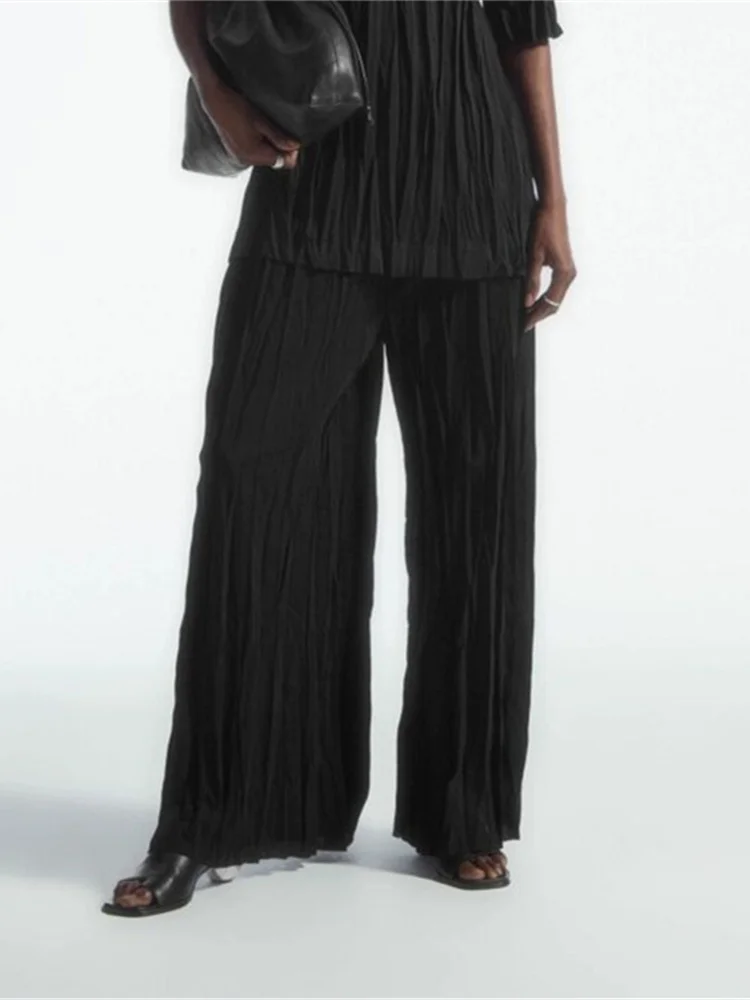 

Black Women Pleated Wide Leg Pants Casual Elastic Waist Spring Summer 2024 Female Straight Long Trousers