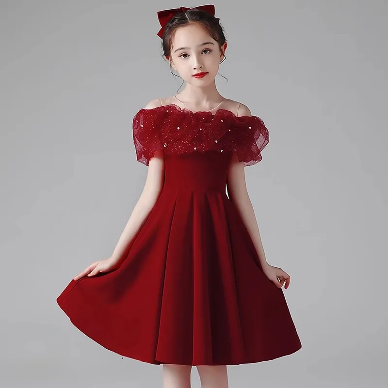 Children's Formal Dress Princess Dress Elegant High-end Girl Host Piano Performance Costume Birthday Red Evening Dress