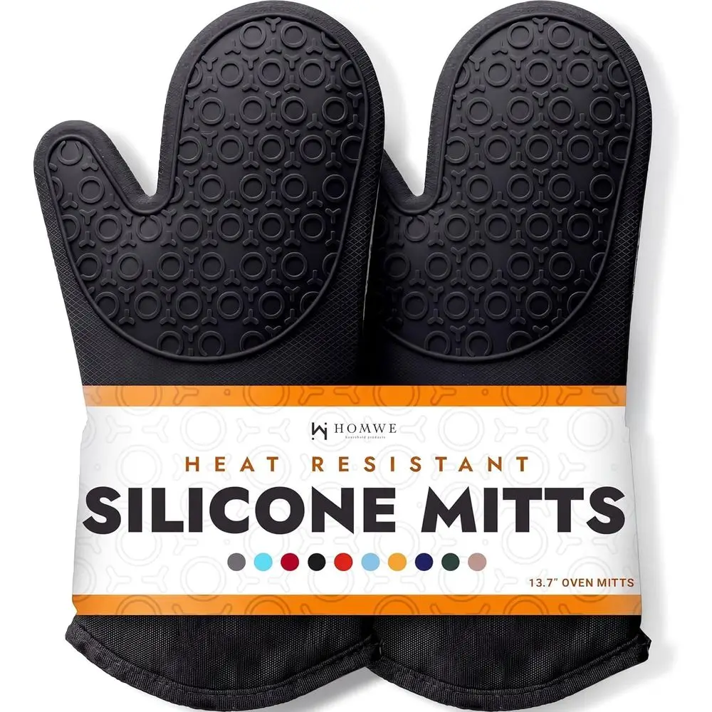 Silicone Oven Mitts Heat Resistant up to 500°F with Thick Cotton Liner - Long Pot Holders, Flexible Gloves, Black 13.7