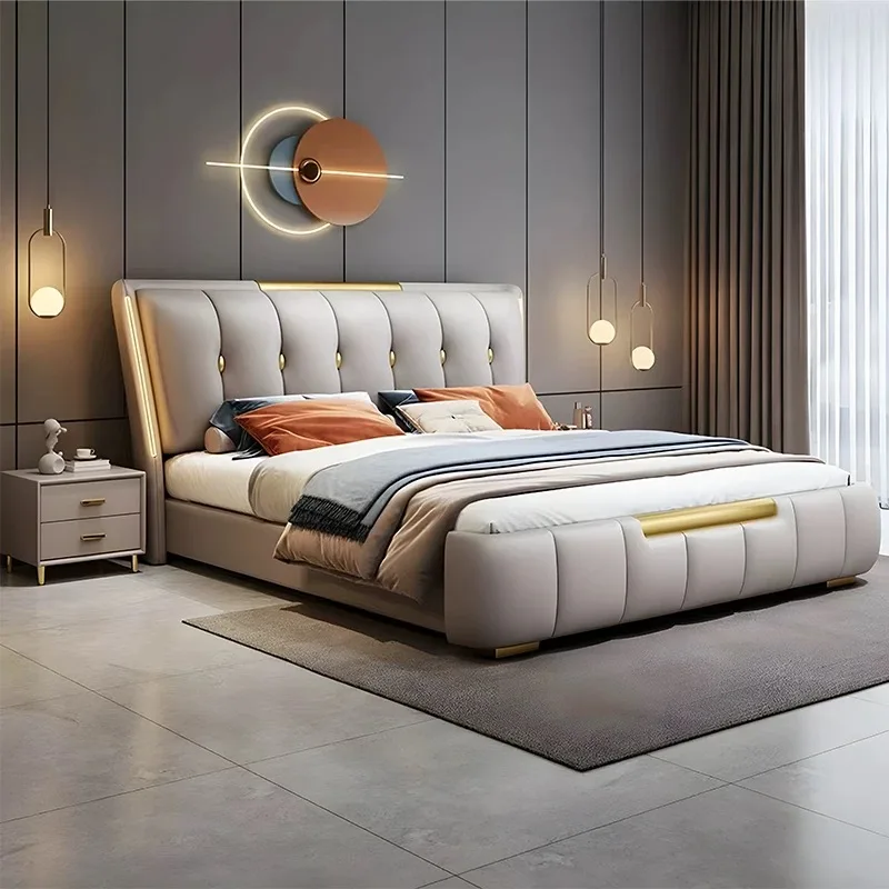 Modern Luxury  Bedroom Furniture Wood Soft Up-holstered Beds Full Size Double Bed Frame Leather Set with Mattress Hotel Design
