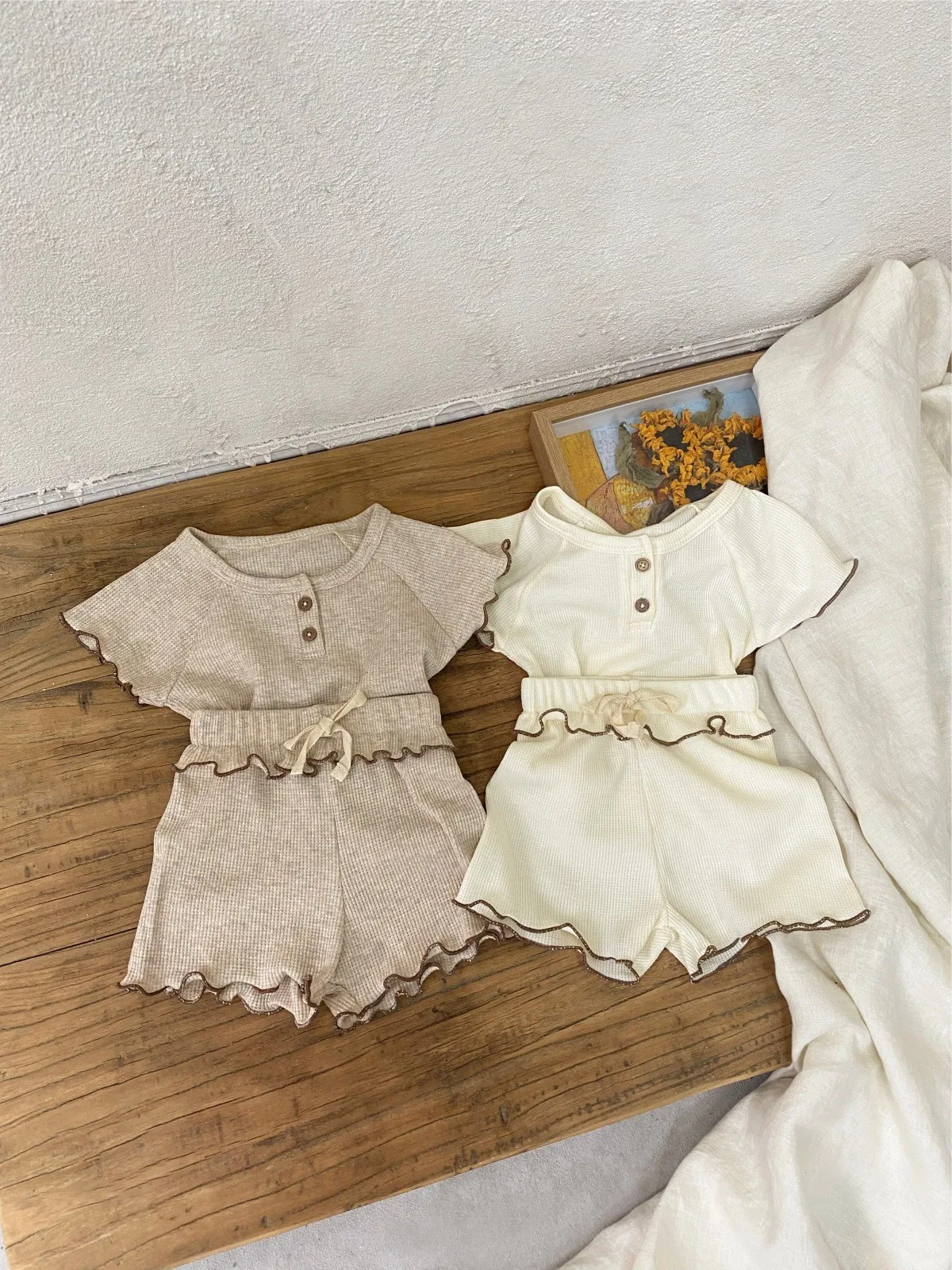 TZ2626 New Girls' Short-Sleeved Summer Style Baby Waffle Wave Edge Short-Sleeved T-Shirt+Shorts Two-Piece Set