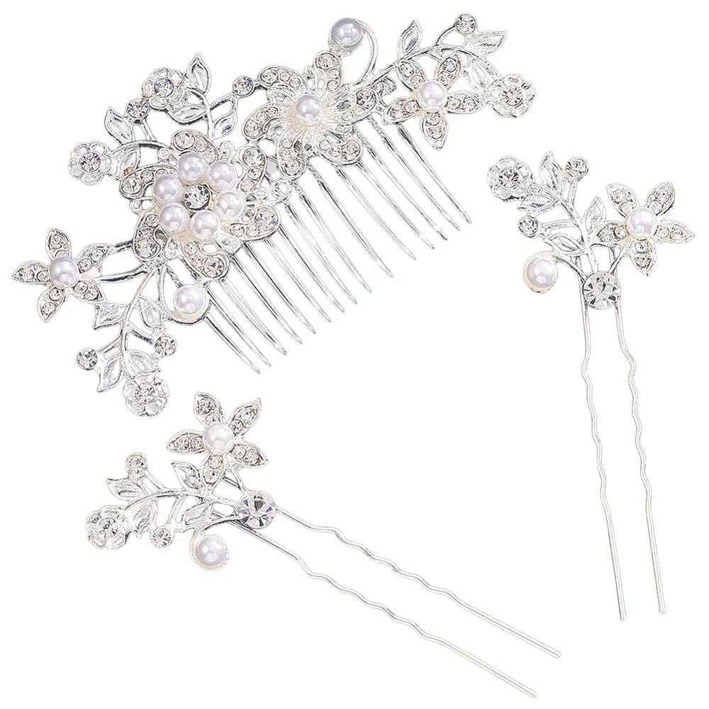 3Pcs Alloy Rhinestone Floral 15 Teeth Hair Combs French Fancy Flower Side Combs Hair Clips Accessories with imitation pearl