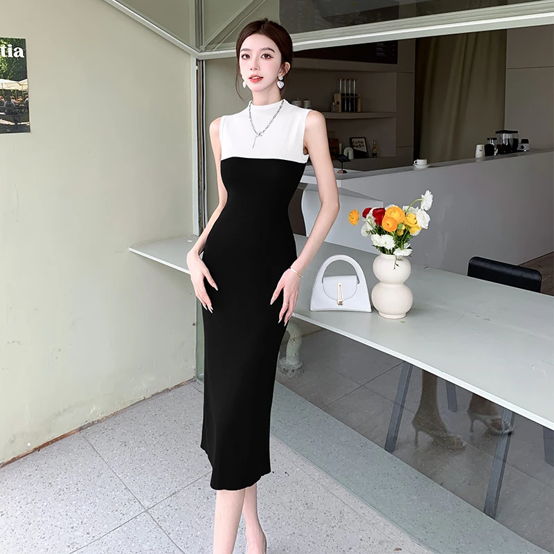 Women Bodycon Dress 2025 Summer Sexy Slim Knit Vest Pencil Dresses Sleeveless O-neck Color-blocked Korean Ladies Vestidos Mujer