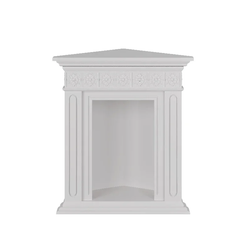 

French simple triangular carved fireplace, corner cabinet in the entrance of the living room