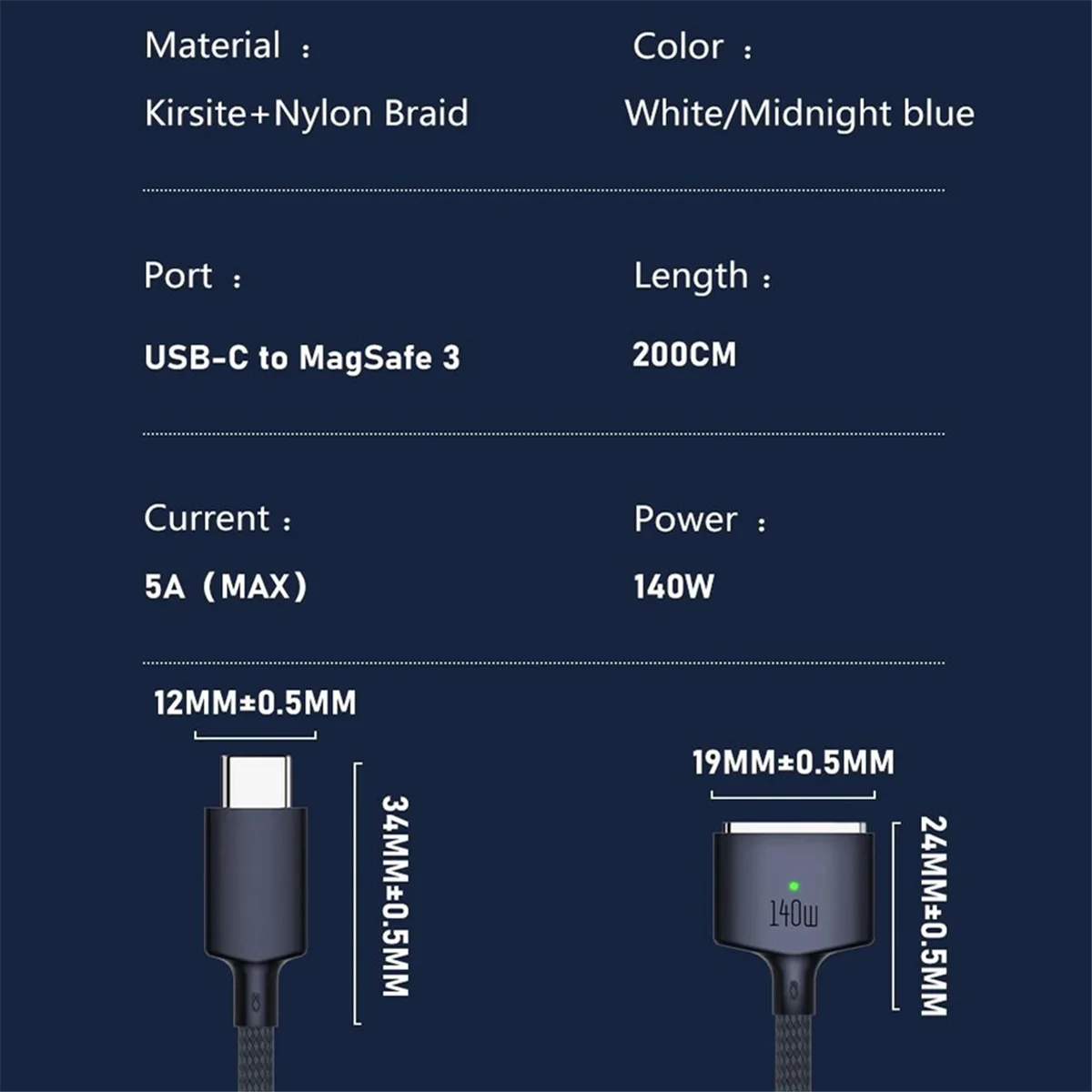 كابل شاحن سريع مغناطيسي PD 140 وات Magsafe 3 خط محول من سبائك الزنك لجهاز MacBook Air/Pro A2442/2485/2681، أزرق