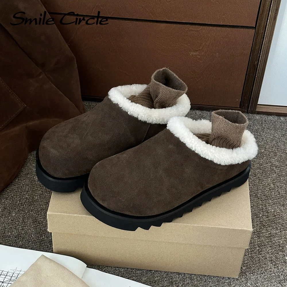 Smile Circle Women Slippers Suede Leather Wool Winter Shoes Fashion Warming fur Casual Outdoor Slippers