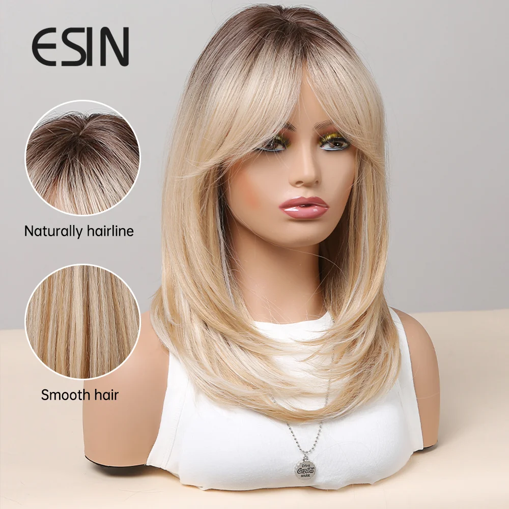 ESIN Long Ombre Blonde Wigs For Women Layered Natural Synthetic Hair Wig With Bangs Cosplay Heat Resistant Synthetic Wig