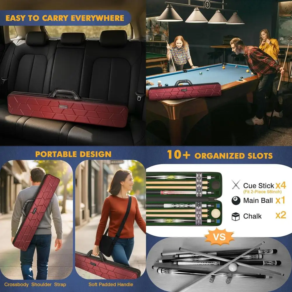 

Durable 4x4 Hard Shell Pool Cue Case with 10 Padded Compartments, Leather Handle & Strap for Travel