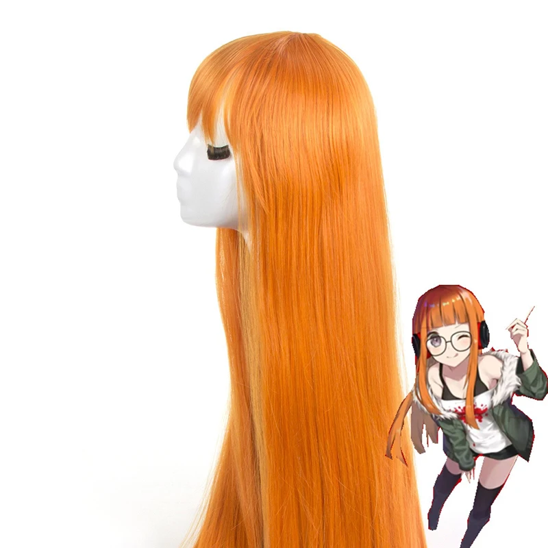 Orange Long Straight Human Hair Persona Sakura Futaba Wig Cosplay High-temperature Silk Festival Party Bar Appointment Full Wigs - view 4