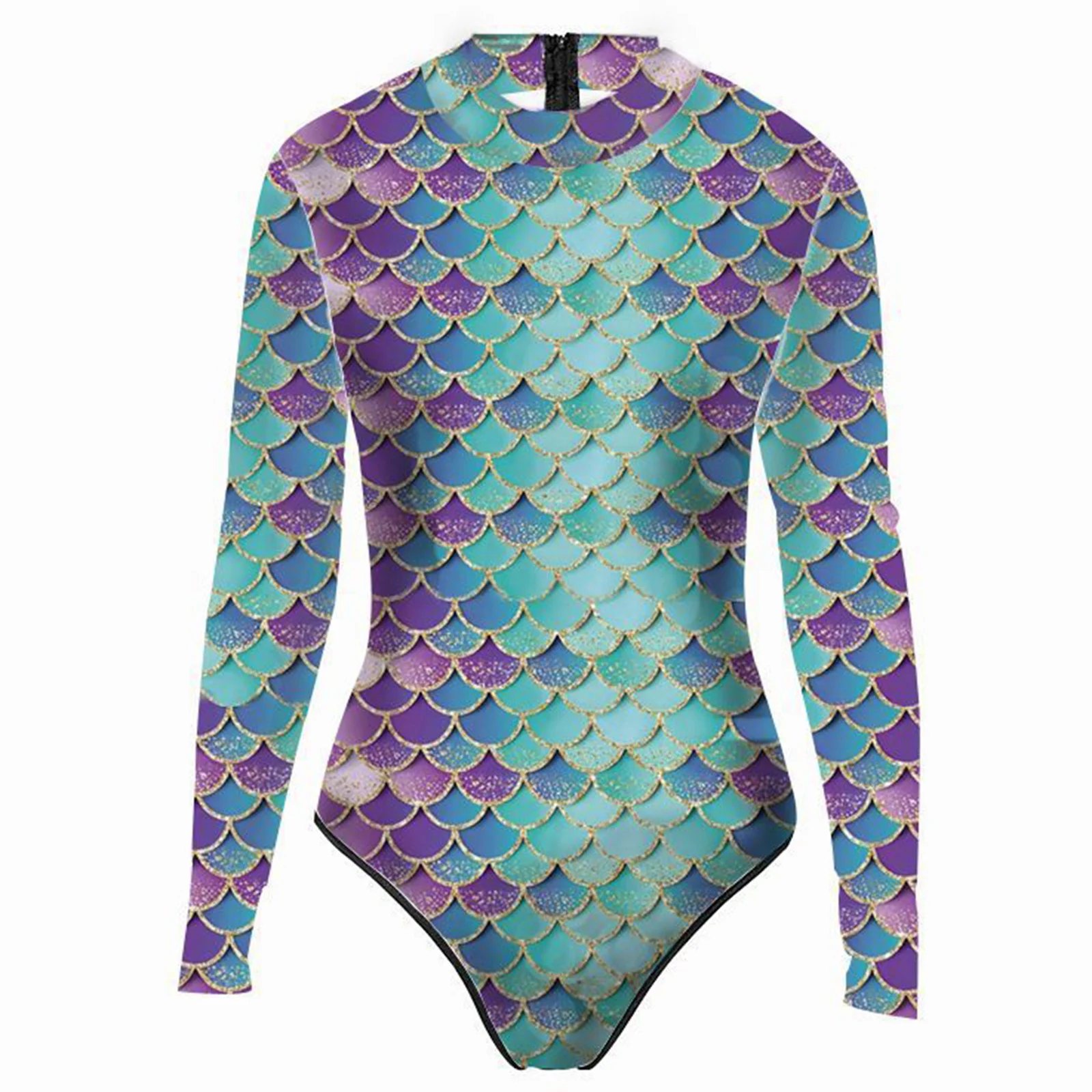 Green And Purple Swimsuit Women\'s Long Sleeve One-piece Zipper Swimsuit Printed Fish Scale Mermaid Swimsuit Women\'s Swimsuit