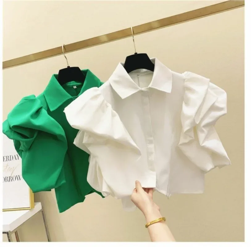 Bubble Sleeved Chiffon Short  Shirt Blusas Mujer Casual Crop Top New White Shirts Camisa Feminina   De Moda