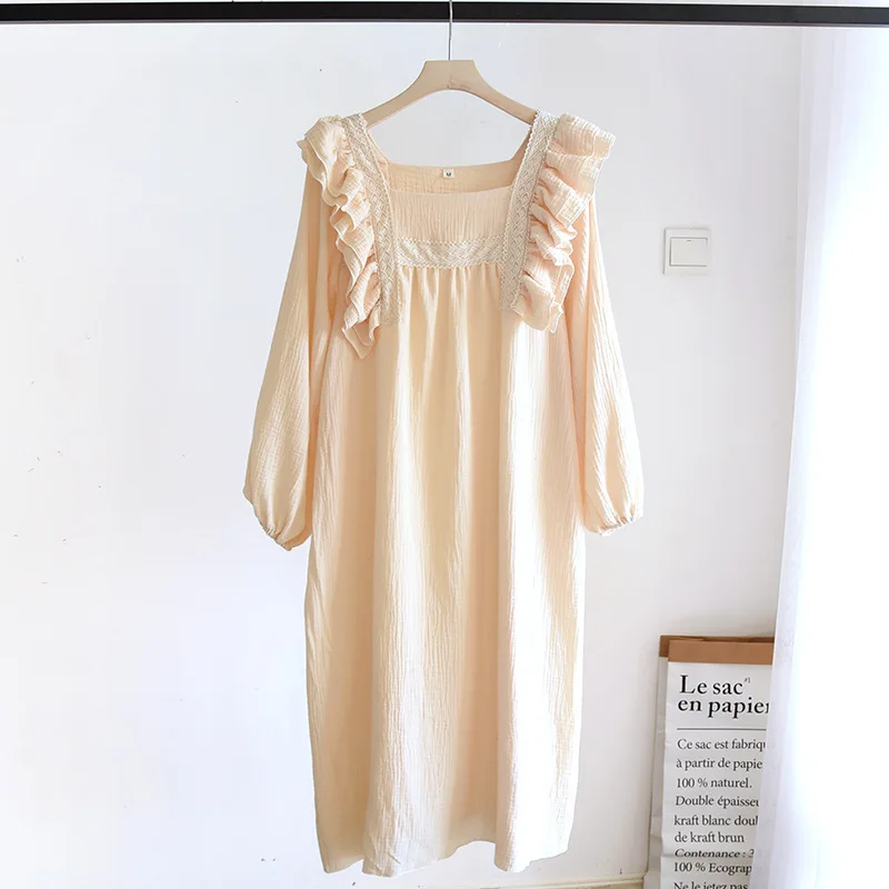 Spring/Summer New Ladies 100% Cotton Crepe Nightdress Thin Lotus Leaf Sleeves Square Neck Solid Color Long Dress Large Size