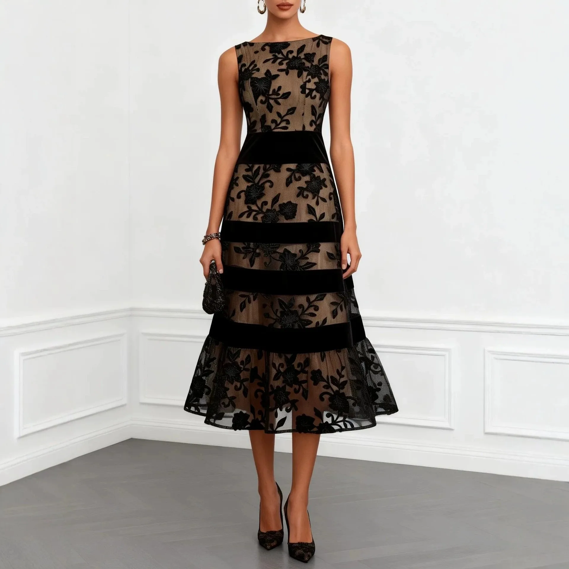Wedding Guest Dress Prom Elegant Party Fitted Sleeveless High Waist Lace Dresses Black Floral Embroidery Evening Dress Sheer