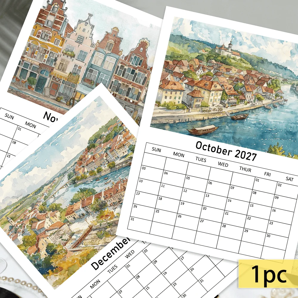 1 unidad, calendario de pared 2027, diseño artístico con motivos de terraza junto al mar, planificador de 12 meses para la decoración del hogar o la oficina, regalo de Navidad y Año Nuevo con pegatinas.