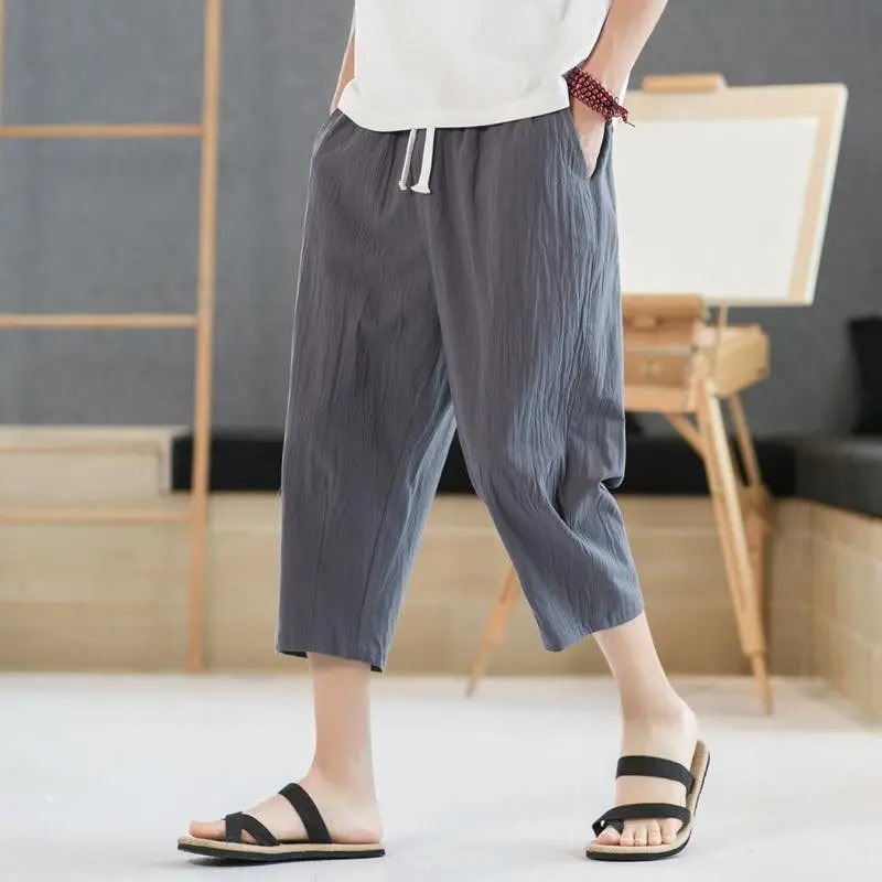 New Retro Men's Summer Thin Breathable Pure Cotton Loose Linen Straight Leg Casual Shorts City Walk Seven-Foot Pants