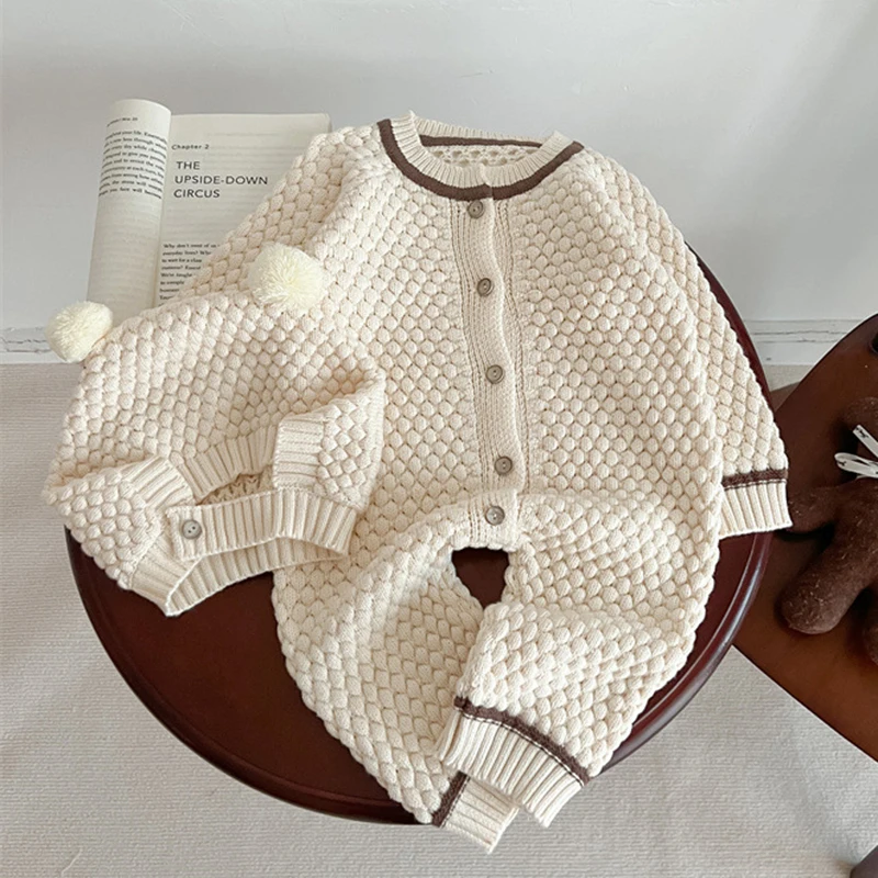 New Climbing Suit Infant Baby Boys Girls Long Sleeve Knitting Jumpsuit+Hat Autumn Spring Newborn Knitting Bodysuits