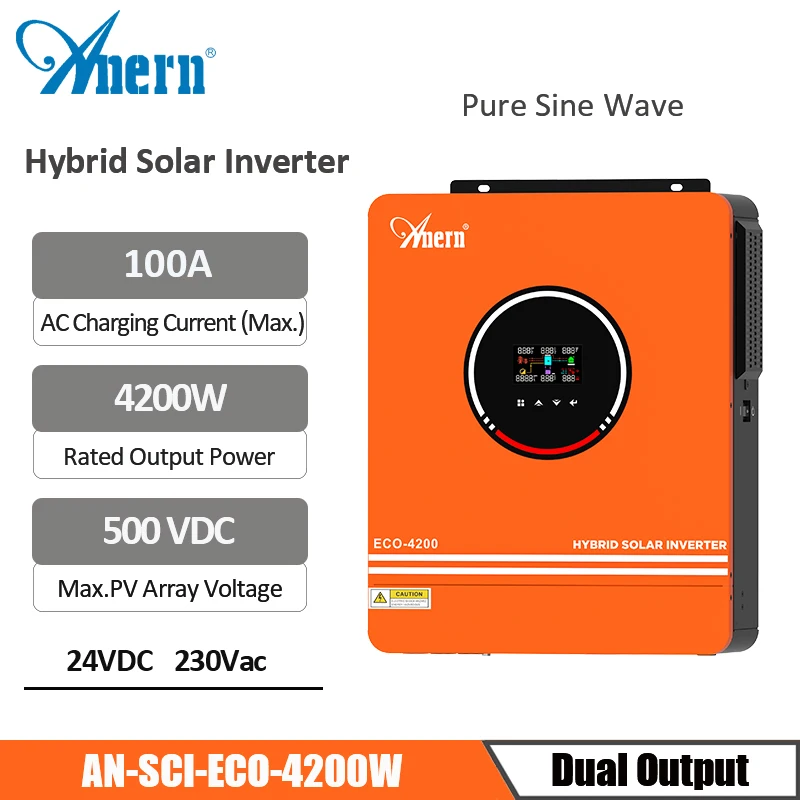 

Anern 6.2KW 4.2KW Grid Tie Inverter 24v Hybrid Solar Inverter Off Grid 48v 230V PV Input Max 500vdc MPPT 120A Charger