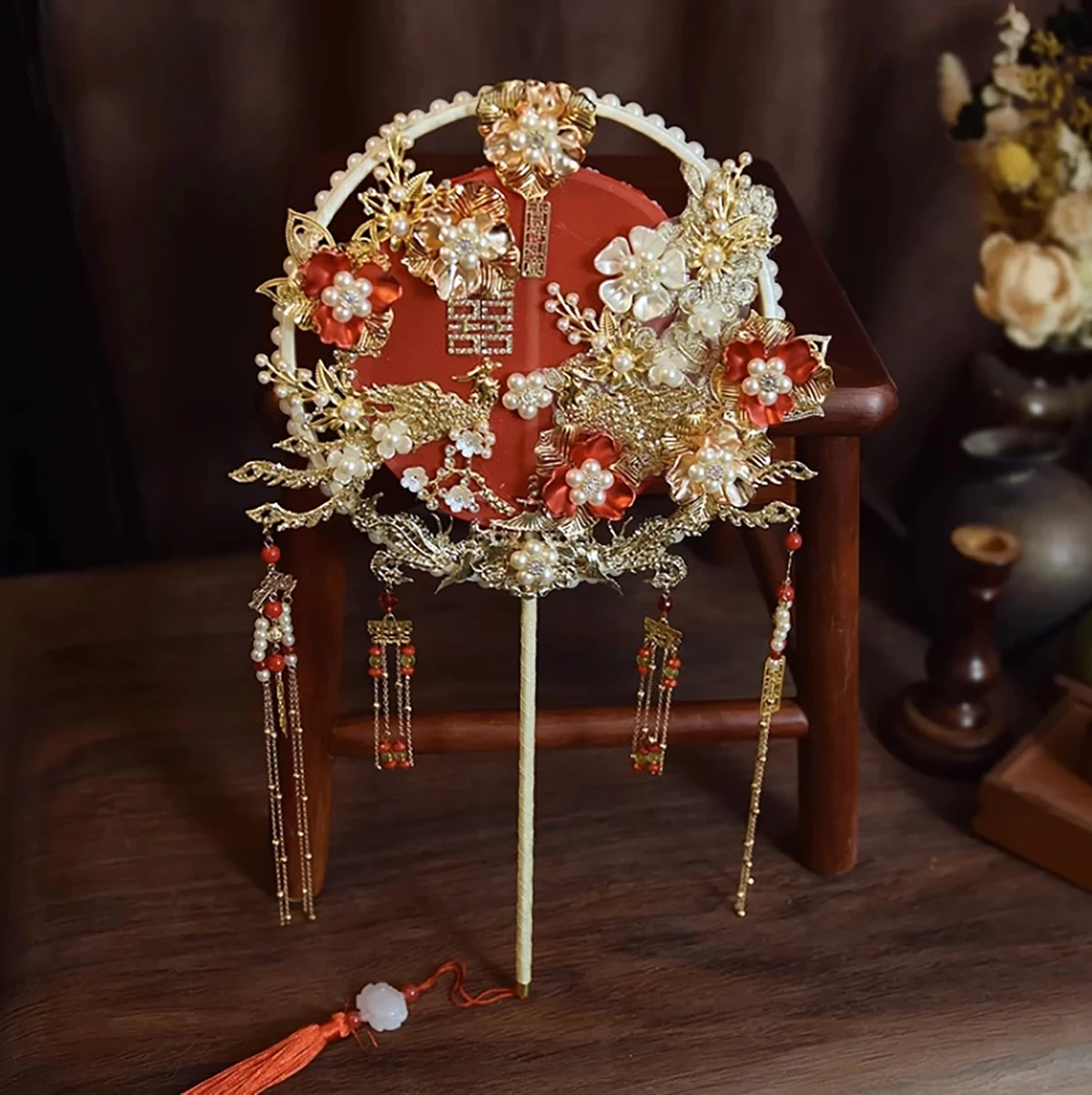 

Handmade Heavy Work Original Round Fan for Wedding Bride Xiuhe Handheld Fan for Girls