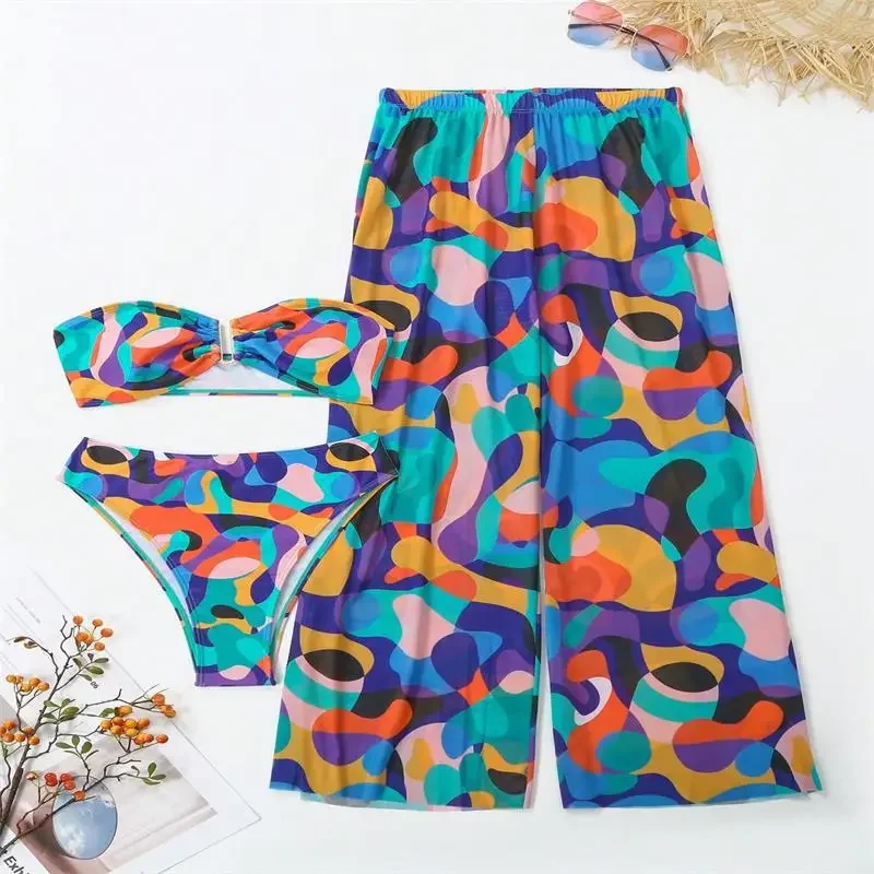 3-х предметный комплект бикини без бретелек с принтом, женский купальник с длинными брюками, женский купальный костюм, купальный костюм, пляжная одежда