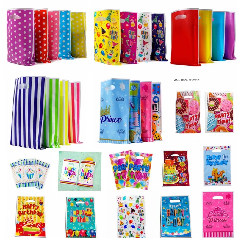 Sacos plásticos impressos do presente para crianças, bolinhas, saco dos doces, sacolas, favores do partido do aniversário, fontes da decoração, criança, menino, menina, 10-50Pcs