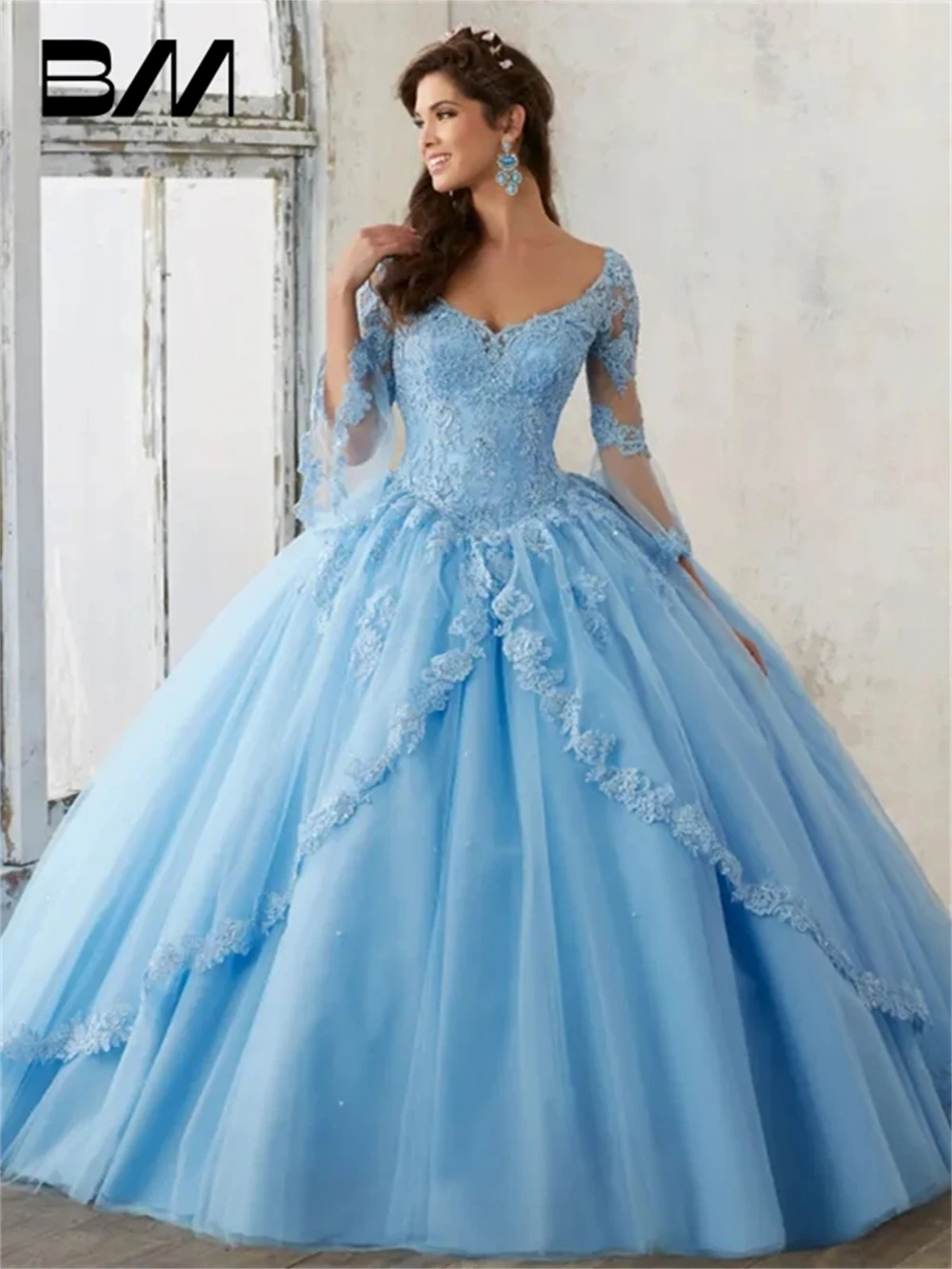 Vestido De baile azul cielo De manga larga, Vestidos De quinceañera, cuello en V, apliques De encaje, baile De graduación largo dulce 16, Vestidos De quinceañera