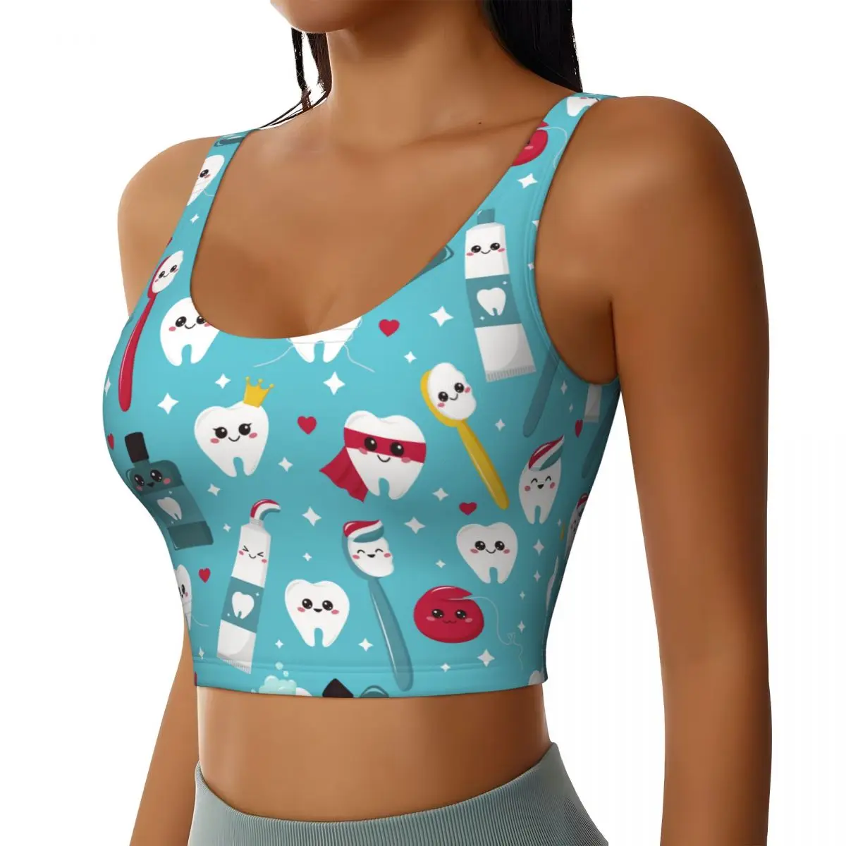 Cartoon Teeth Pattern Sports Crop Tank Tops for Women Cropped Workout Tops U Back Running Yoga Tanks Gym Shirts