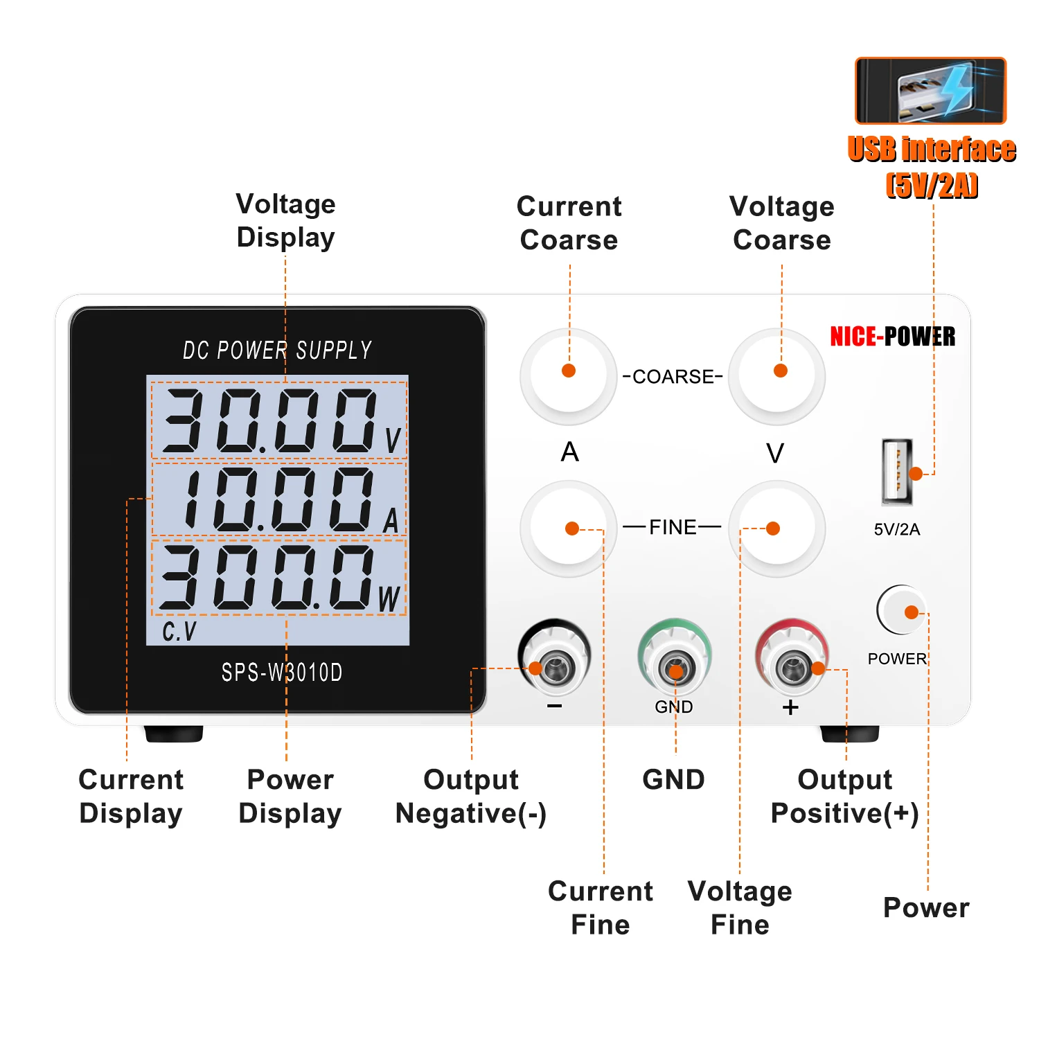 NICE-POWER SPS-W3010D White Black 30V 10A Adjustable DC Power Supply Voltage Regulator Horizontal LCD Laboratory