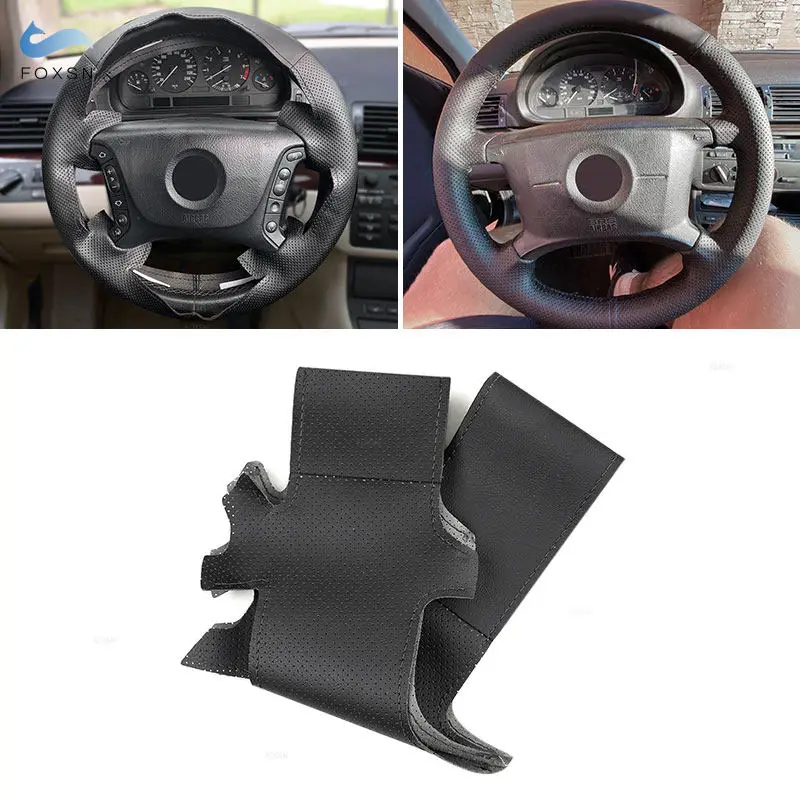 Car Steering Wheel Cover For BMW 3 5 Series E36 E46 E39 X3 E83 X5 E53 Black Perforated Microfiber Leather with Needles & Threads
