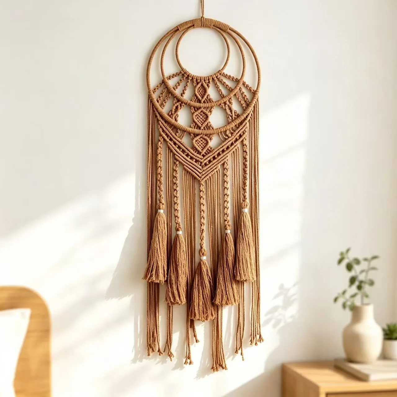 Brown Double-Layer Circular Dreamcatcher, Bohemian Handmade Woven Tapestry, Living Room And Bedroom Decoration.