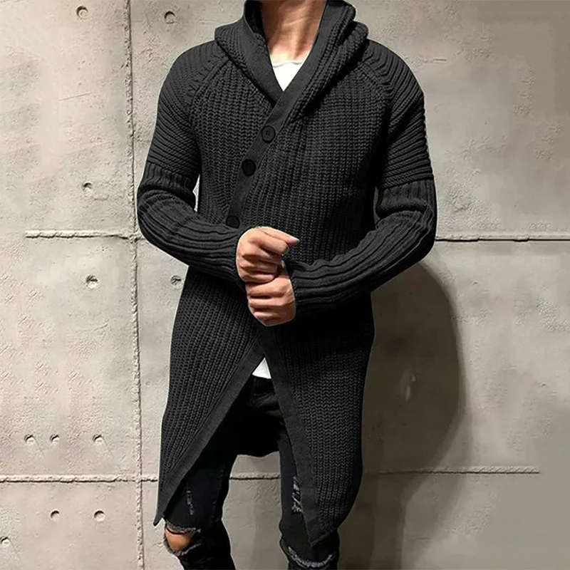 

Pop Autumn Winter Men's Fashion Casual Cardigan Solid Color Hooded Knitted Sweater Trench Male Mid Long Sweatercoat Knit Outwear