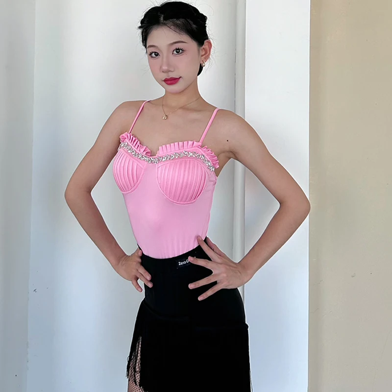 2024 New Latin Dance Practice Clothes For Women Sexy Sling Tops Chacha Rumba Tango Dress Adult Female Latin Dance Wear DQS17038