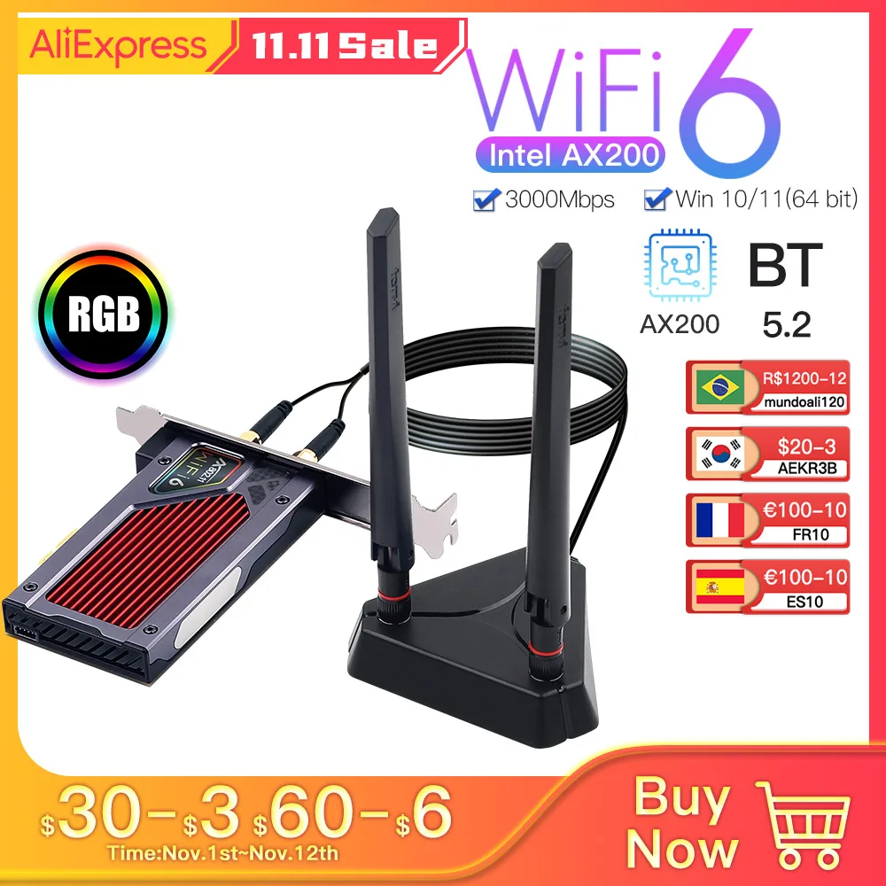 New Wireless 3000Mbps PCIe Dual Band Adapter Intel AX200 Wi-Fi 6 Bluetooth 5.1 Network Wifi Card 802.11ac/ax 2.4G 5G RGB