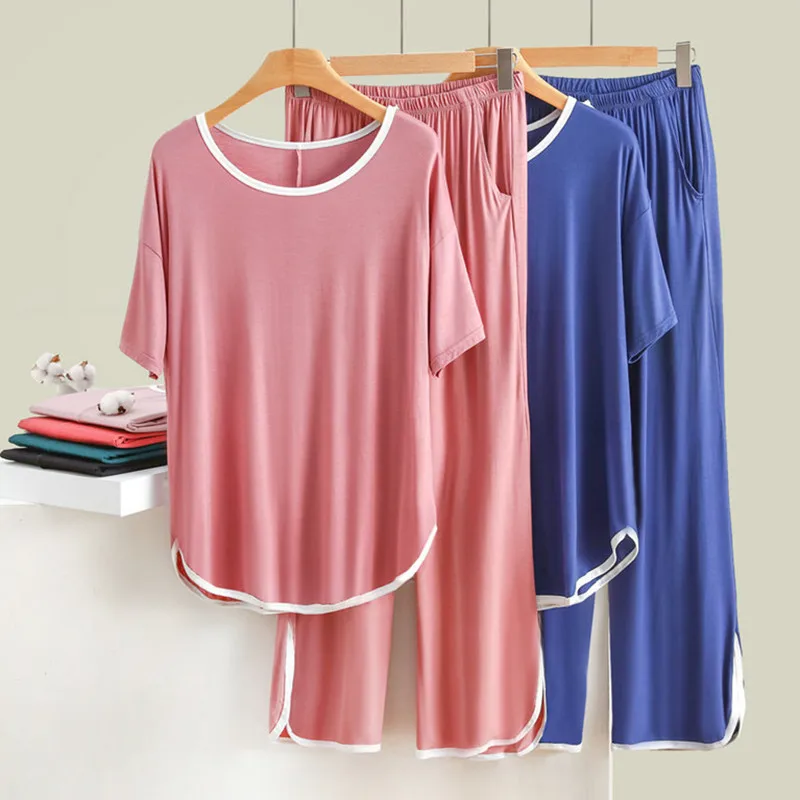 New Pyjamas Femme Summer Modal Cotton Loose Pajamas Suit Women Short-Sleeved Casual Home Clothes Large Size Two-Piece Set