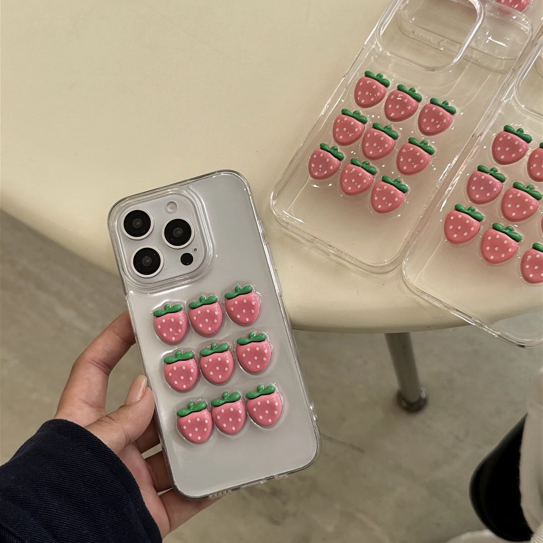 Casing Ponsel Tiga Baris Stroberi untuk iPhone 13 14 15 16 Pro Max Bingkai TPU Lembut Transparan Belakang Epoksi Bening Sampul Lucu