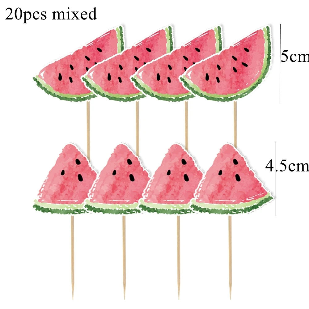 20pcs Multi Type Watermelon Cupcake Toppers Paper Cake Toppers for Watermelon Birthday Summer Pool Party Decoration Supplies