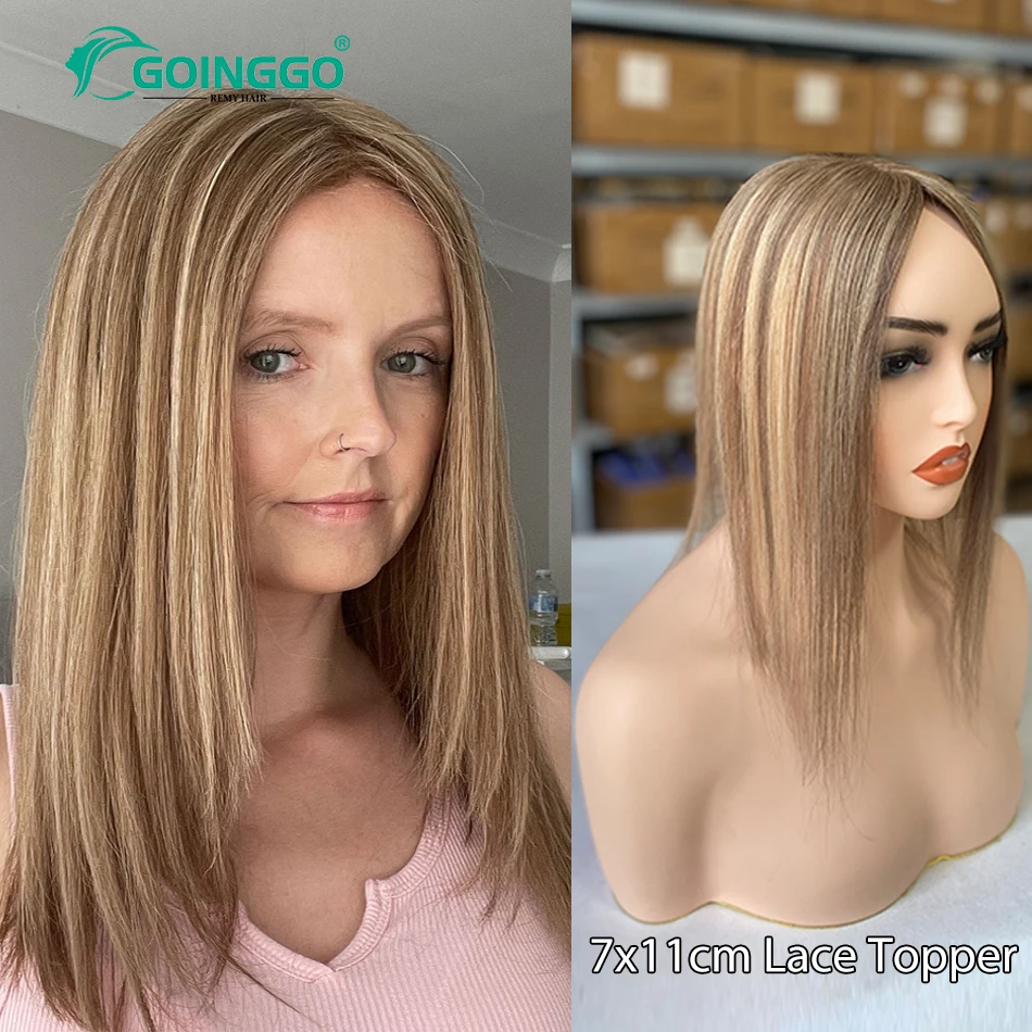 Clip-In Human Hair Lace Topper for Women Ombre Black Brown Highlight Blonde Natural Volume Hair Toppers for Thinning Hair
