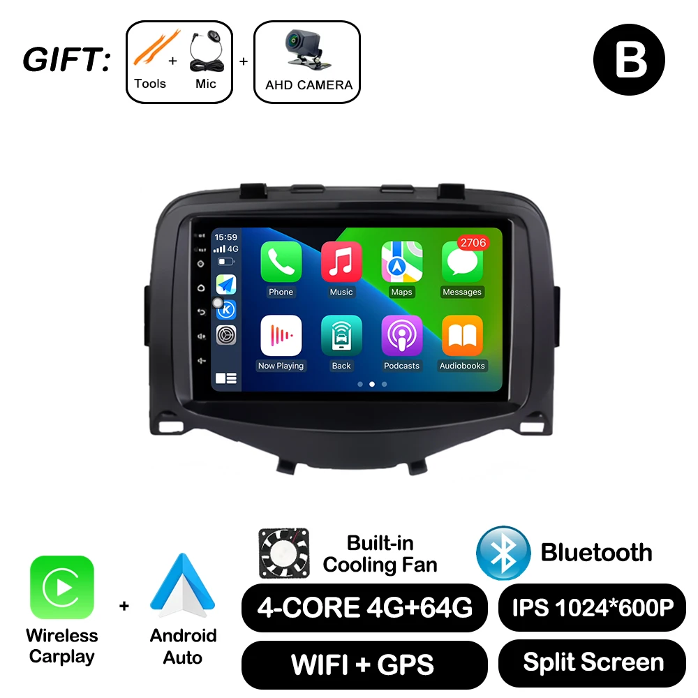 7 Inch Voor Toyota Aygo Peugeot 108 Citroen C1 2016-2020 Autoradio Autoradio Multimedia Speler Carplay 4G + Wifi Bt Dsp Stereo