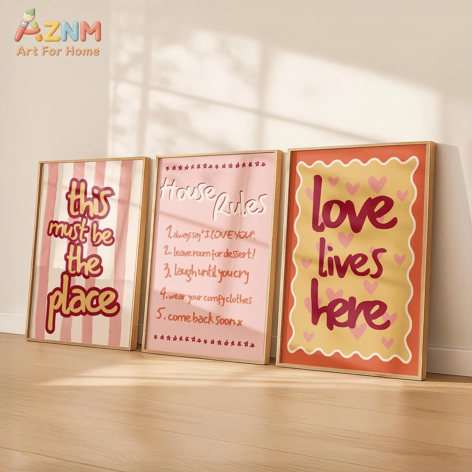 Pink Preppy Wall Art Set of 3, House Rules Print, Love Lives Here, This Must Be The Place, Dopamine Wall Art Set