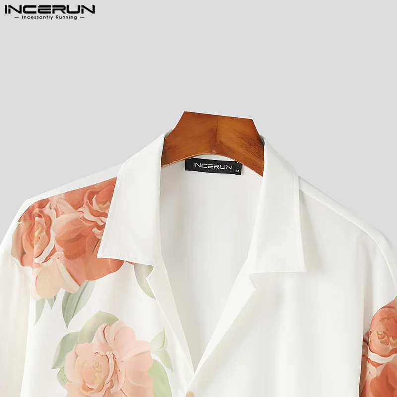 INCERUN 2024 Men Shirt Flower Printing Lapel Long Sleeve Button Men Clothing Streetwear Loose Fashion Casual Male Shirts S-5XL