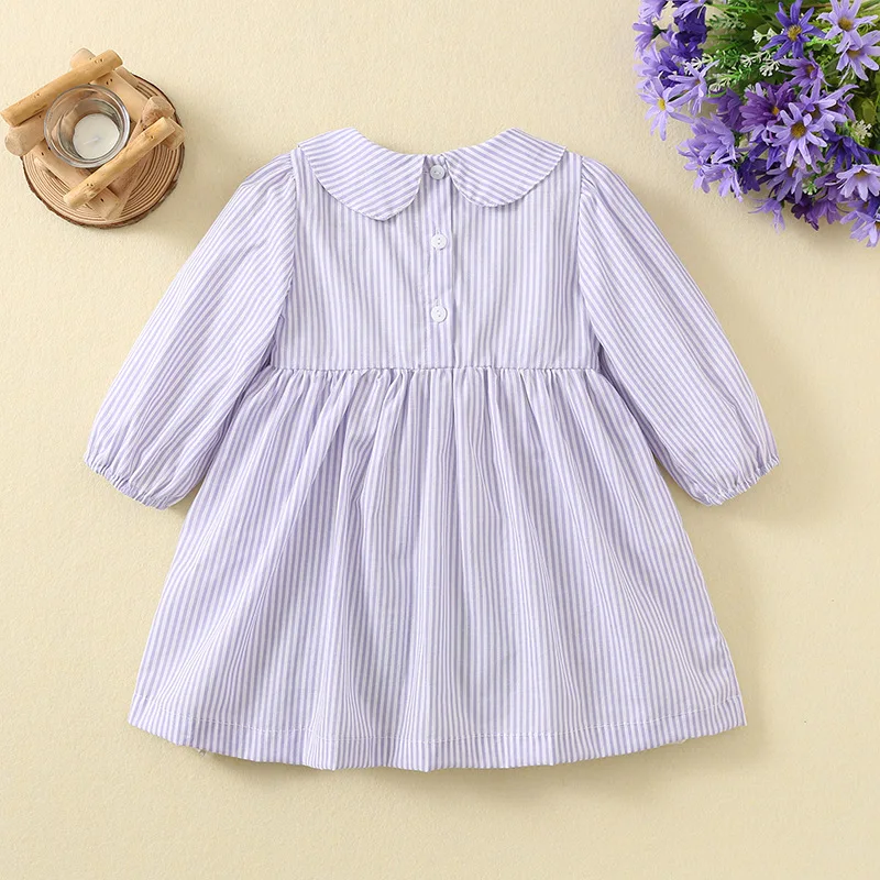 2024 Girls Long Sleeves Dress Purple Striped Girl Dresses Cute Rabbit Embroidered Clothes Fashion Smocked Spring Autumn Vestidos