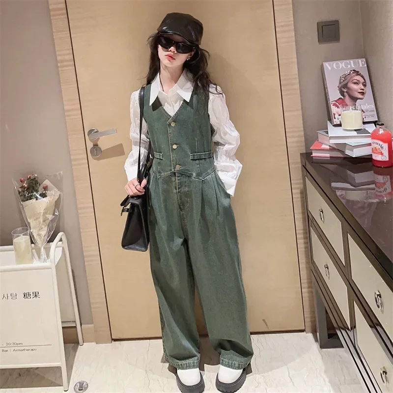 Girls' fashionable patchwork overalls with shoulder straps 2024 spring new jumpsuit, Korean loose casual denim wide leg pants