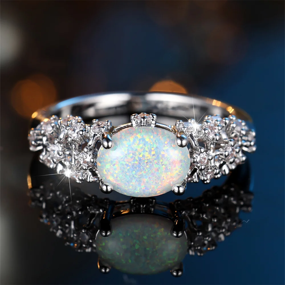 Cute Female Oval Stone White Fire Opal Ring Crystal Silver Color Engagement Promise Bands Wedding Jewelry For Women