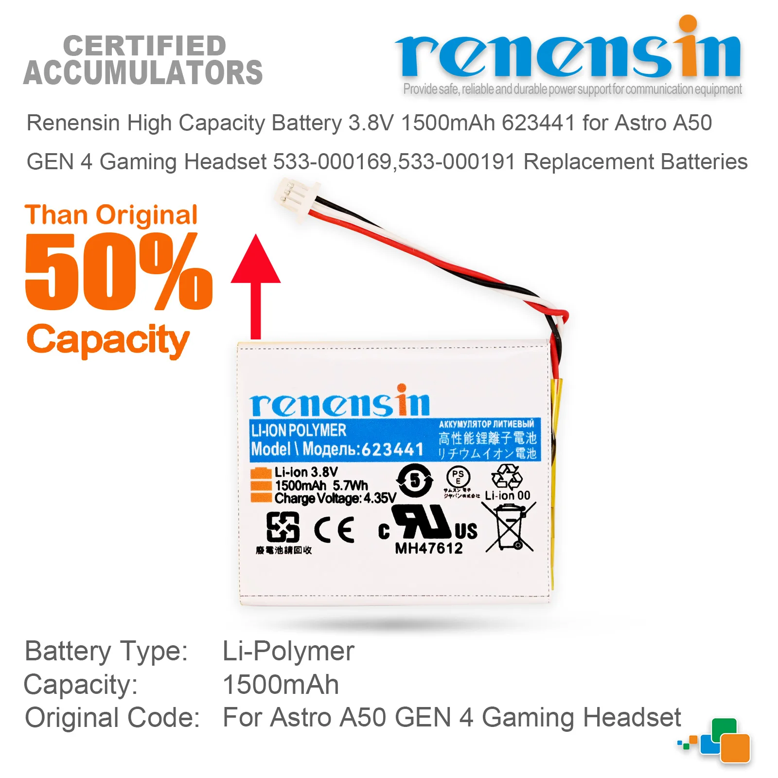 

Renensin High Capacity Battery 1500mAh 623441 for Astro A50 GEN 4 Gaming Headset 533-000169,533-000191 Replacement Batteries 3.8