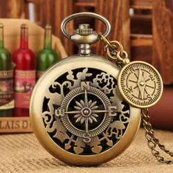 Bronze Hollow Rabbit Pattern Vintage Pocket Compass Red and white pointer Compass Dial Necklace Chain with Compass Accessory