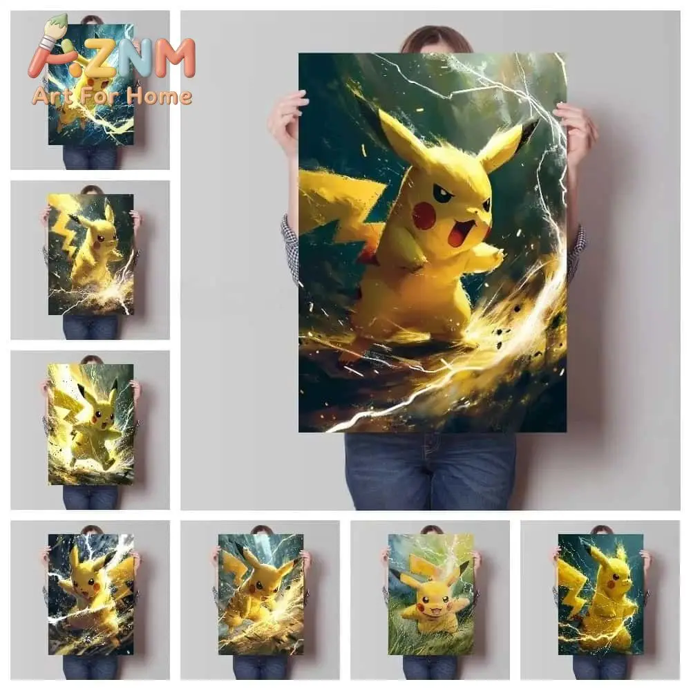 AZNM Pokemon Pikachu Canvas Wall Art No Frame Anime Print Poster Lightning Pocket Monster Picture for Bedroom Home Decor Gift
