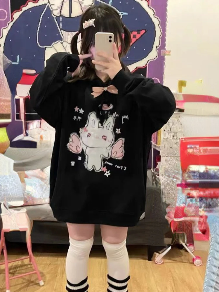 Harajuku Cartoon Print Hoodies Women Y2k Aesthetic Kawaii Loose Black Drawstring Coats Grunge Pocket Streetwear Sweatshirts